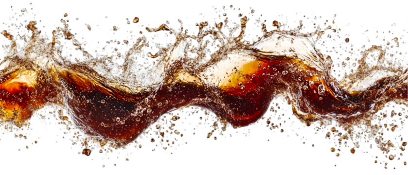Dynamic wave of refreshing cola liquid splashes against a stark transparent background creating an energetic beverage design element.
