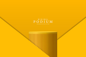 3D product Minimal display stand. Yellow color cylinder stand podium on a yellow background. Abstract geometric shapes in a simple design. Fashion stage mockup scene. Studio product display stand.