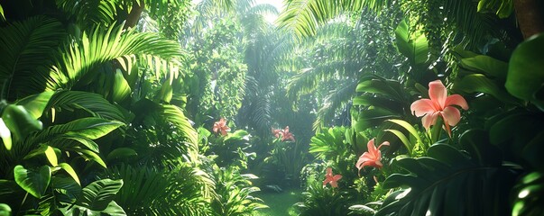 Lush tropical rainforest with dense green foliage and exotic flowers