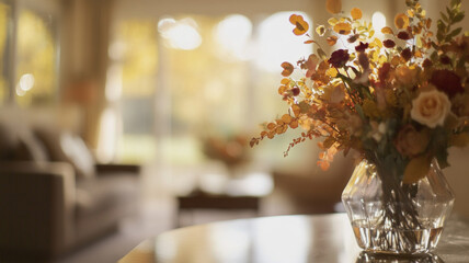 Elegant autumn floral arrangement in warm tones against a bokeh background of golden light.
