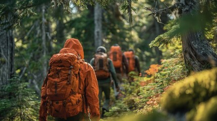 Adventurous Group of Hikers in Vibrant Outdoor Clothing Exploring Scenic Trails with Matte Backpacks for a Thrilling Nature Experience