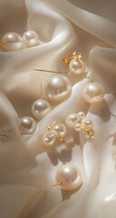 Soft pearls rest on fabric folds. Light shimmers off smooth, round shapes. A calm, pure, and high-end feel in neutral tones.

