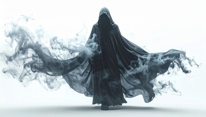 Mysterious Hooded Figure in Flowing Dark Cape Amidst Smoke