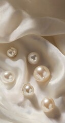 Flat lay of pearl earrings on smooth white fabric. Delicate light makes each pearl shine. Neutral and calm with luxe appeal.

