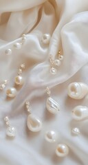 Pearl earrings of all shapes rest on white cloth. Light hits each one to show glow and form. Calm, luxe tone with soft mood and shine.

