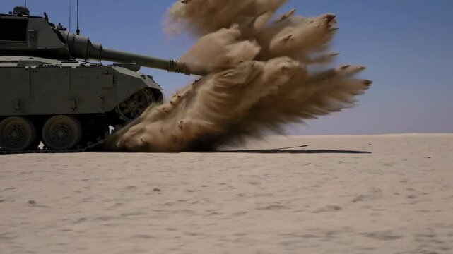 Heavy military tank maneuvers through sandy desert landscape demonstrating robust machinery and operational strategy during a military exercise. Dust clouds rise as it advances