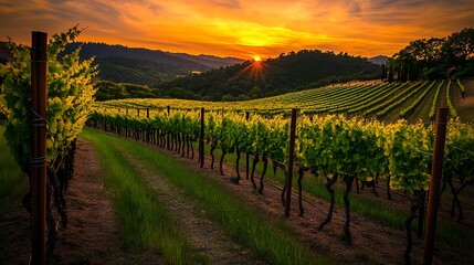 Lush vineyard with rolling green rows of grapevines under a golden sunset