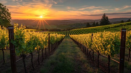 Lush vineyard with rolling green rows of grapevines under a golden sunset