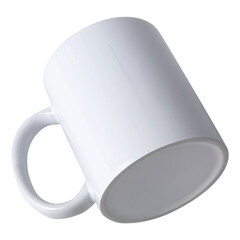 A plain white coffee mug tilted to one side, ideal for personalizing with designs or logos.