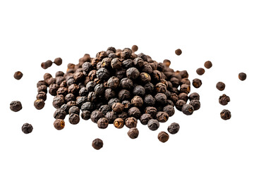 Pile of whole black peppercorns isolated on transparent background