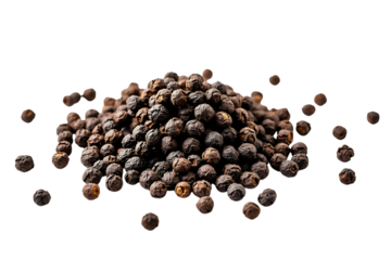 Pile of whole black peppercorns isolated on transparent background