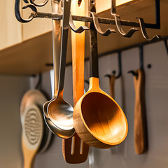 Hanging kitchen wooden spoon in the kitchen 