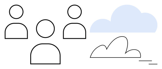 Three outlined human figures beside two minimalistic clouds. Ideal for teamwork, networking, cloud technology, community, collaboration, innovation, digital transformation. Simple flat metaphor