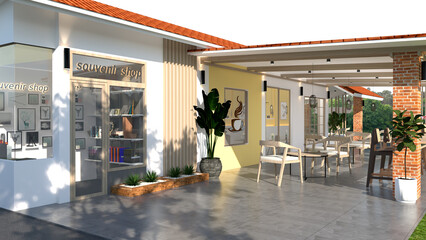 Modern, cozy beige cafe and bakery with counter, professional espresso machine, cake display, tables, chairs, window to backyard for luxury coffee shop, bistro interior design background 3D