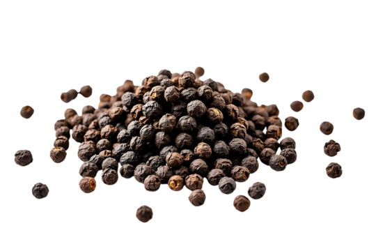 Pile of whole black peppercorns isolated on transparent background