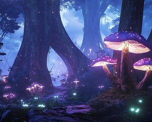 Magical deep jungle with ancient towering trees and soft glowing mushrooms