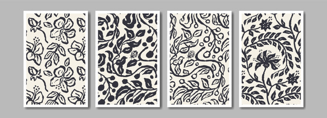 Ink brush abstract floral pattern for poster or card design set. Black and white minimalist doodle nature background bundle for social media or wall art. Vector illustration.