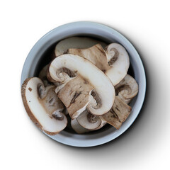 A bowl filled with sliced mushrooms, showcasing their texture and color for culinary use.