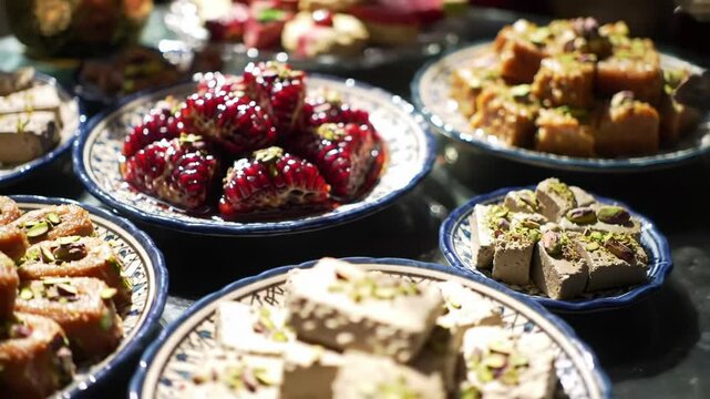 Delicious Middle Eastern sweets on display, pomegranate, baklava, halva