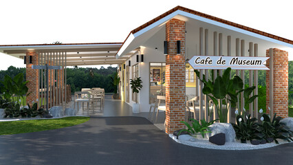 Modern, cozy beige cafe and bakery with counter, professional espresso machine, cake display, tables, chairs, window to backyard for luxury coffee shop, bistro interior design background 3D