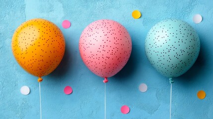 Colorful polka dot balloons against a blue textured background