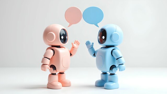 Two friendly pink and blue robot characters waving and talking with speech bubbles. A 3D concept of AI chatbot dialogue, communication, and partnership on a minimalist background w