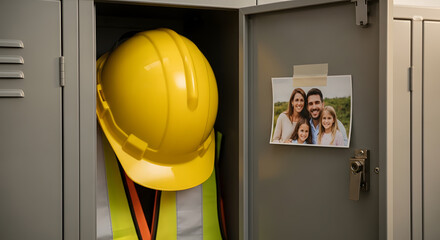 Industrial Locker with Yellow Hard Hat Safety Vest and Personal Family Photo Showing Work Life Balance. Safety First Concept