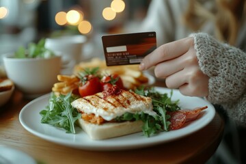 Cashless payment in shopping concept: Close-up hands use a credit card to pay for a meal at a cafe, highlighting the ease and speed of modern payment methods., Generative AI