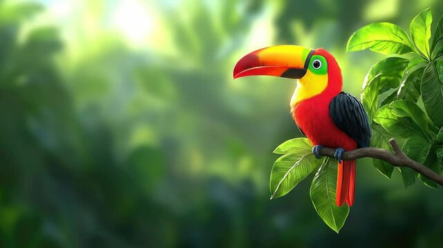 Bright cartoon toucan perched on tropical green leaves  
