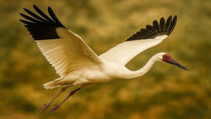 Obraz premium White Crane with Red Head Gracefully Flying Across the Open Sky in the Wild.