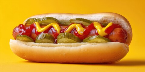 A classic hot dog in a soft bun, topped with ketchup, mustard, and dill pickle slices, set against a vibrant yellow background