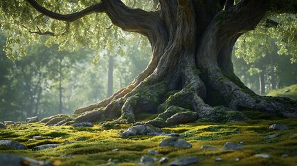 Majestic ancient tree with thick roots sprawling over a mossy forest floor