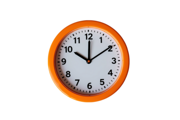 Simple orange wall clock showing ten past ten isolated on transparent background