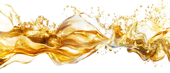 Golden fluid motion creates a splash of elegance against a transparent background, sparkling with bright highlights.