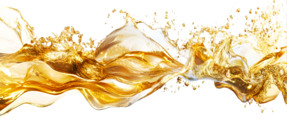 Golden fluid motion creates a splash of elegance against a transparent background, sparkling with bright highlights.