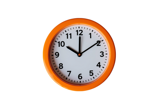 Simple orange wall clock showing ten past ten isolated on transparent background