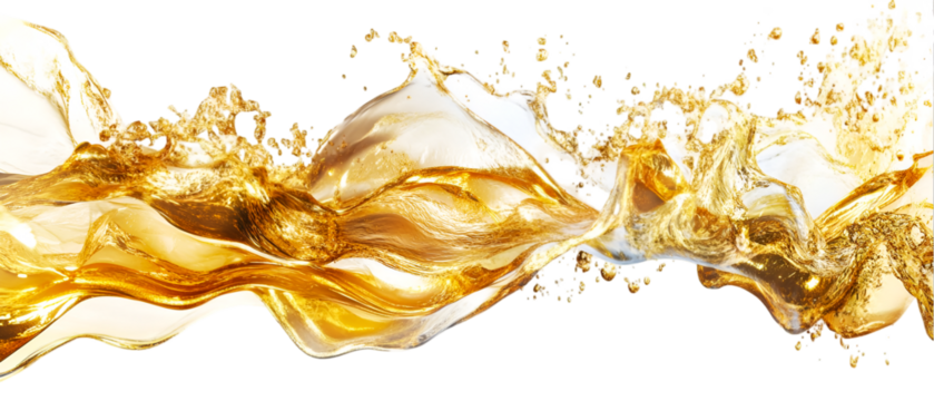 Golden fluid motion creates a splash of elegance against a transparent background, sparkling with bright highlights.