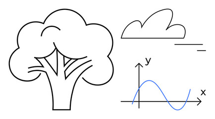 Tree with branching trunk, a simplified cloud, and a sine wave graph on XY axis. Ideal for environmental science, education, data visualization, sustainability, ecology, mathematics simple landing