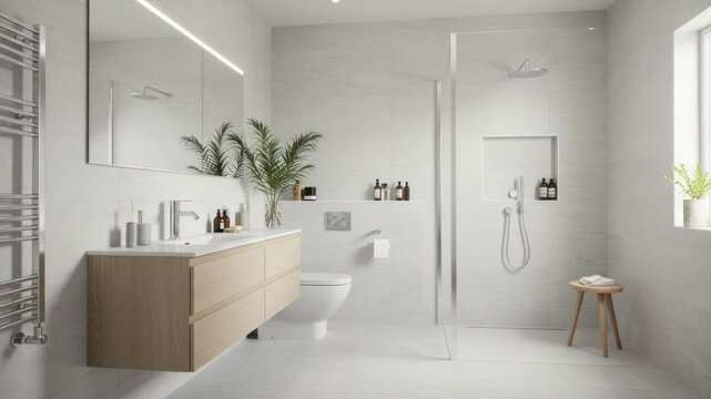 Serene and minimalist bathroom design showcasing contemporary fixtures, calming neutral tones, and