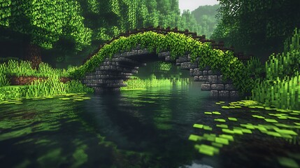 Mossy stone bridge over a peaceful river surrounded by dense greenery