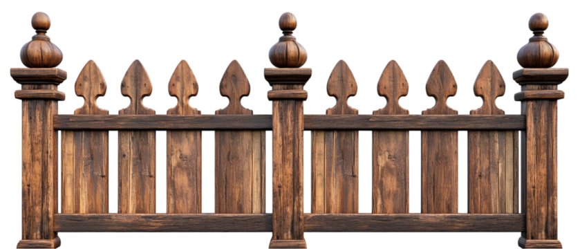 A detailed wooden fence with carved posts stands out against a transparent background, showcasing its rustic and weathered texture.