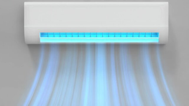 White wall-mounted AC unit emits glowing blue airflow in a static 3D animation. Transparent stream simulates cooling in modern indoor environment.