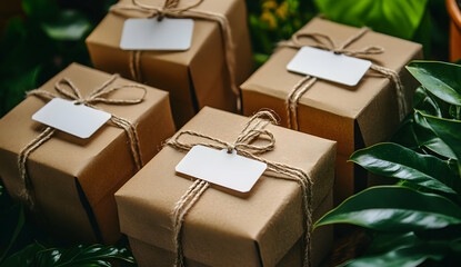 Brown gift boxes tied with twine and blank tags