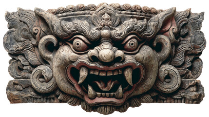 Kirtimukha, demonic face creature with fangs and open mouth, used in temple gates, isolated on white