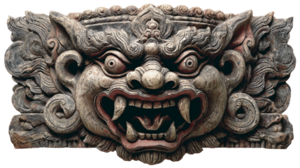 Kirtimukha, demonic face creature with fangs and open mouth, used in temple gates, isolated on white