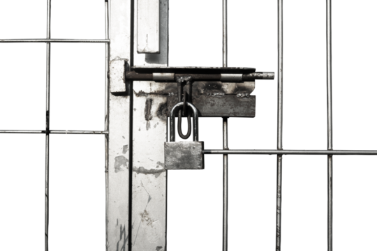 rusty iron fence with padlock isolated