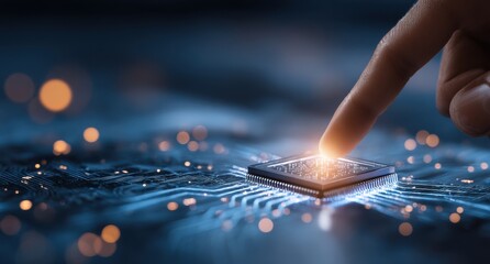 Finger touching a glowing microprocessor chip on a circuit board