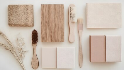 Beige stationery and soft pink boxes with a brush and dry flower, flat laid on white. Light brown accents add warmth.

