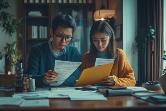 Family financial concept: Stressed wife and husband sit together, reviewing bills and financial statements, grappling with the difficulty of paying off loans and credit card debt., Generative AI