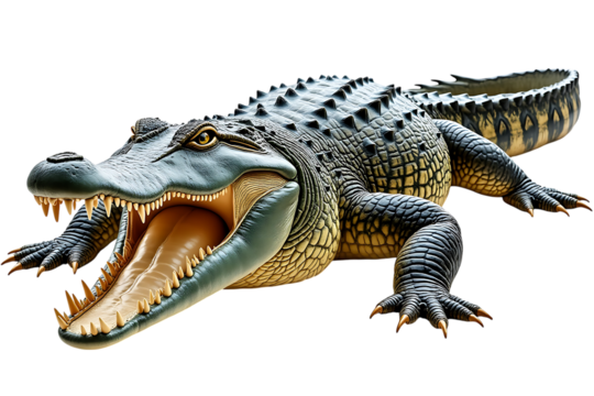 Fierce alligator with mouth open showing sharp teeth and pink tongue isolated on transparent background
